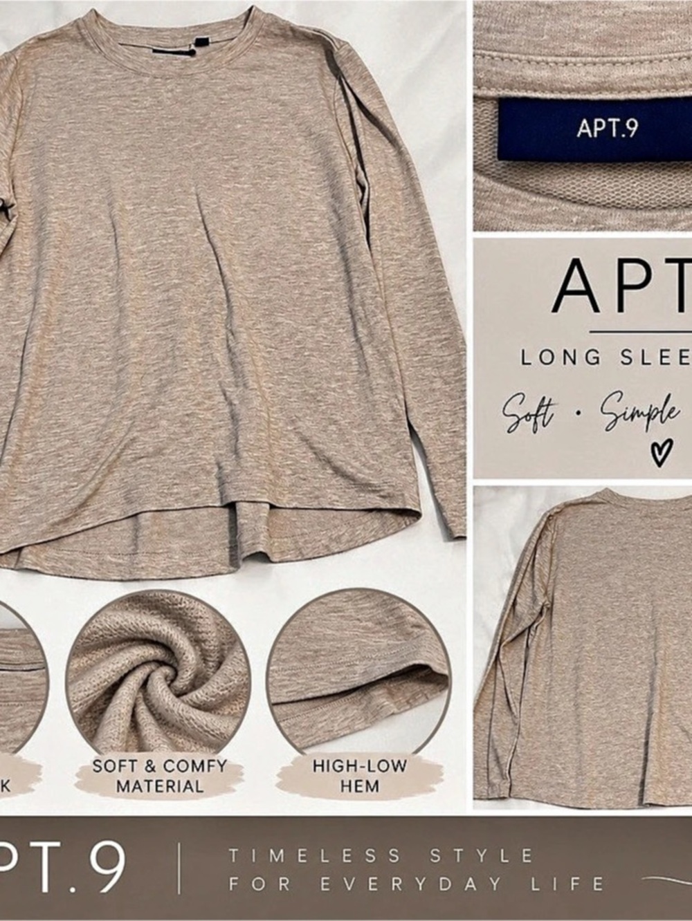 APT.9 Women’s Heathered Oatmeal Long Sleeve Top – Size Large